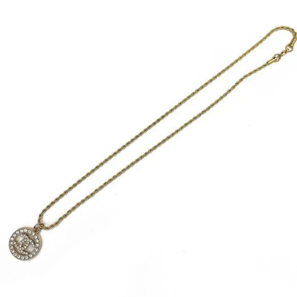 CHANEL CC Round Rhinestone Charm Pendant on Necklace Gold Plated Chain